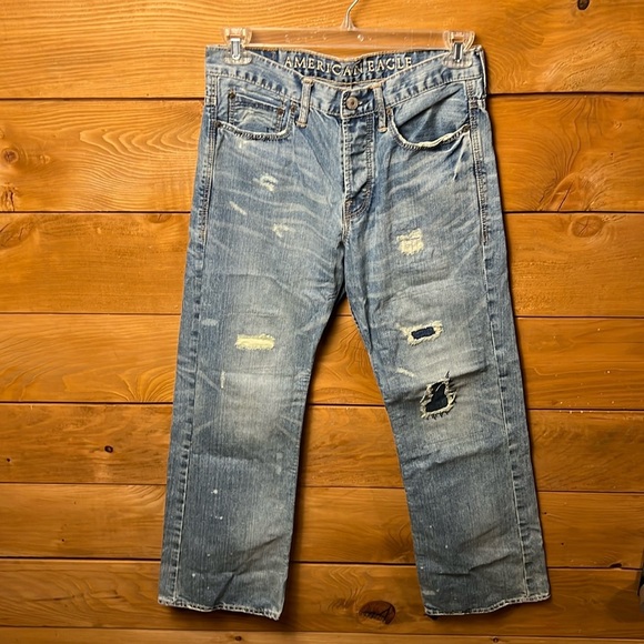 American Eagle Jeans Mens 29/30 Bootcut Blue Distressed Medium Wash Logo Patch - Picture 1 of 12